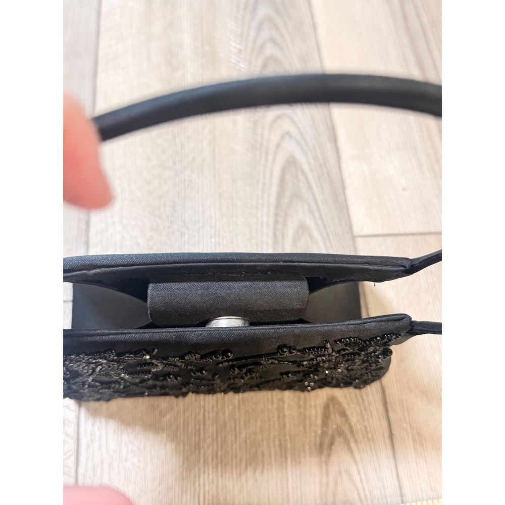 Vintage Black Satin Beaded Floral Evening Bag Handbag Magnetic Snap Closure - Picture 4 of 9